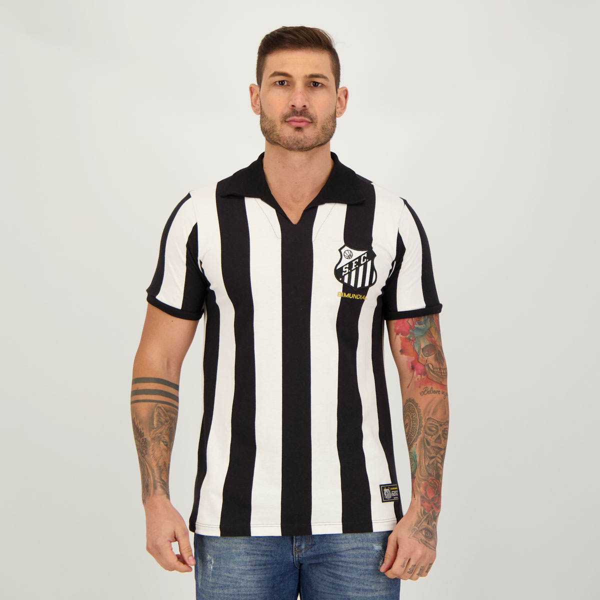 Camisa Santos Retrô Bimundial Preta e Branca