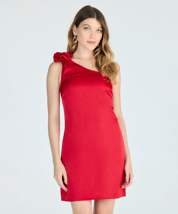 vestido curto ombro único com flor vermelho G