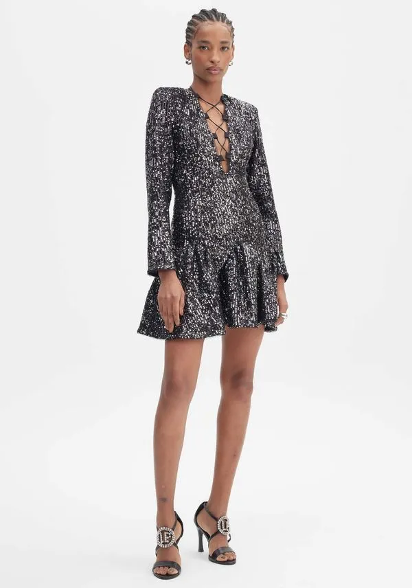 Vestido Curto Decote V Paetês Preto P