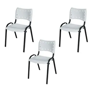 Kit 3 Cadeira Iso Tubo Oblongo Aço Industrial Empilhavel Branco