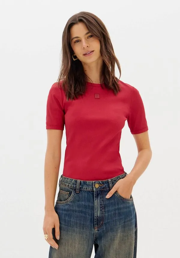 Blusa Malha Canelada Manga Curta Vermelho G
