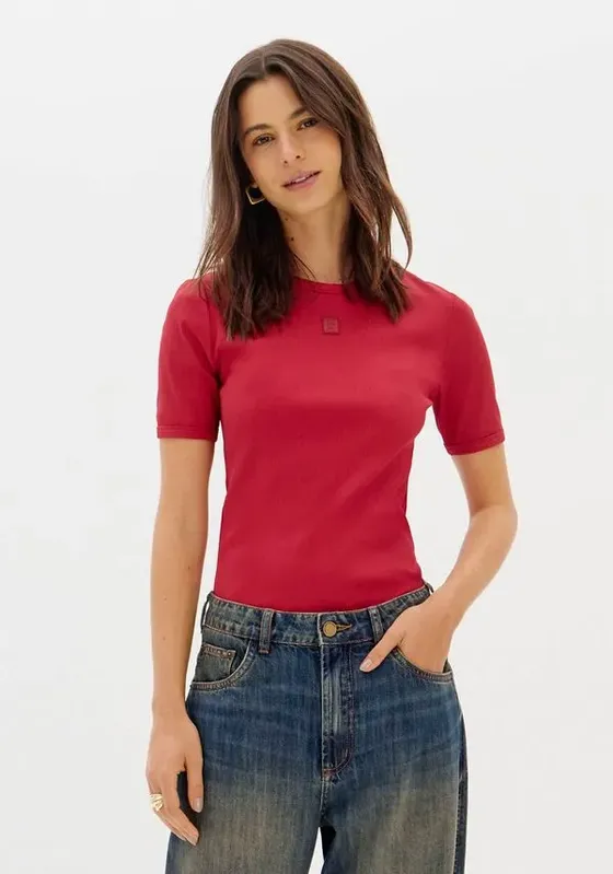 Blusa Malha Canelada Manga Curta Vermelho G
