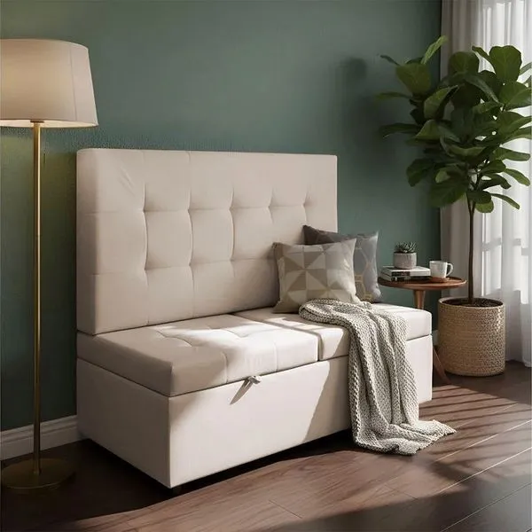 Canto Alemão Recamier Bau + Painel Madri 120cm Corino Bege - Inova Decor