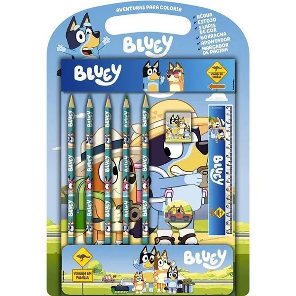 Kit Livro de Colorir Infantil Bluey Aventuras com Estojo Régua Lápis Borracha Apontador Azul Editora Online Kit Livro de Colorir Infantil Bluey Aventuras com Kit Escolar Azul Editora Online