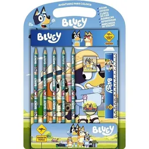 Kit Livro de Colorir Infantil Bluey Aventuras com Estojo Régua Lápis Borracha Apontador Azul Editora Online Kit Livro de Colorir Infantil Bluey Aventuras com Kit Escolar Azul Editora Online