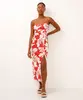 vestido midi sem alça com linho folhagem vermelho GG