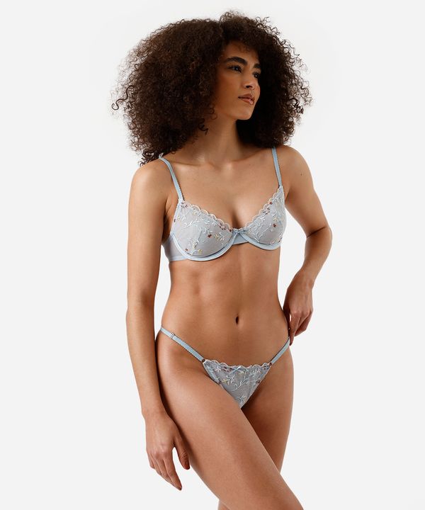 calcinha fio dental com bordado floral azul M