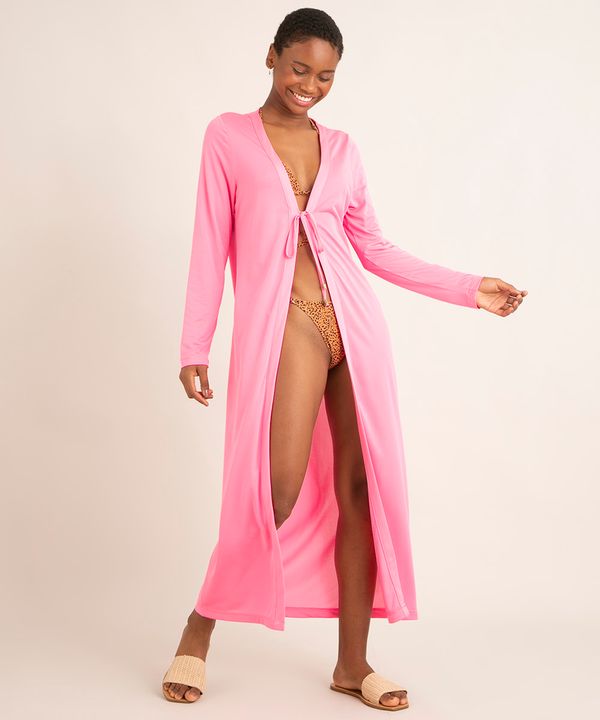 saída de praia longa com amarração rosa neon M