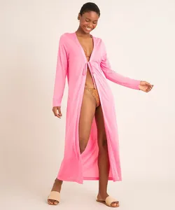 saída de praia longa com amarração rosa neon P