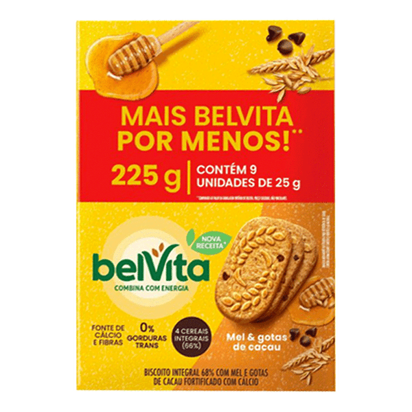 Biscoito Belvita Mel e Cacau 9 Unidades de 25g