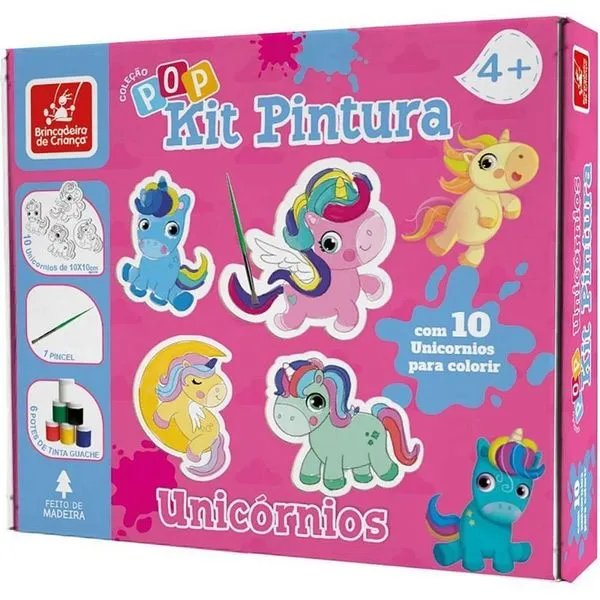 Kit de Pintura Infantil Unicórnios Pop com 10 Telas de MDF 6 Cores de Tinta Guache e Pincel Pop Kit de Pintura Infantil Unicórnios com 10 Telas de MDF e Pincel Pop