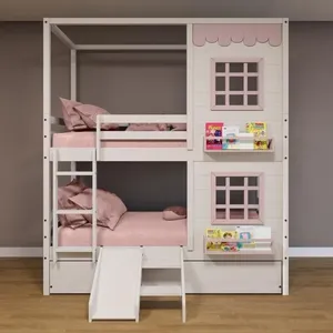 Treliche Casinha Reta Com 02 Janelas E Escorregador Madeira Maciça Branco/ Rosa Housin