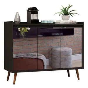 Balcao Buffet Retrô Com Espelho Delta 3 Portas Preto - Moveisaqui