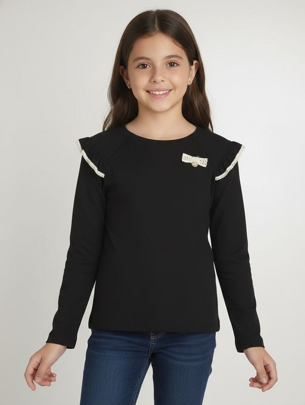 Blusa Manga Longa Canelada Juvenil Para Menina - PRETO 14