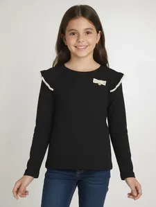 Blusa Manga Longa Canelada Juvenil Para Menina - PRETO 14