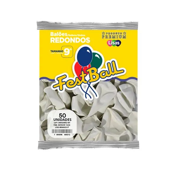 Balão Liso 9 Polegadas Branco 50 Unidades 178 - Festball