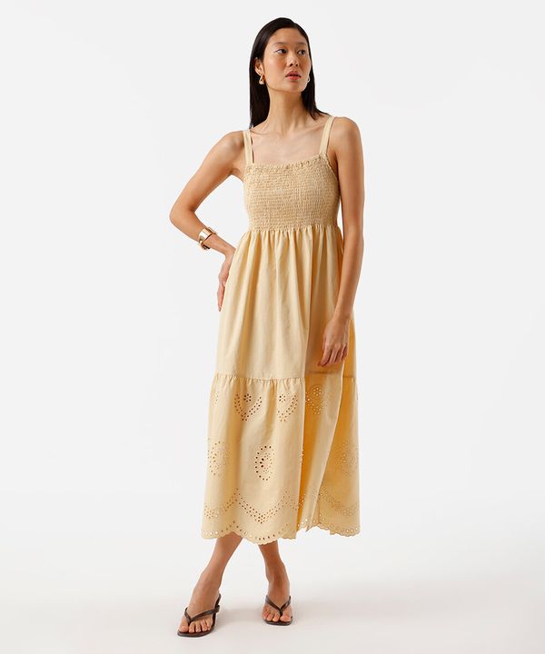 vestido midi alça fina feminino de algodão com recorte bordado amarelo GG