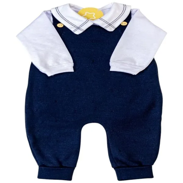 Kit Bebê RN Sanches 1 Body 1 Jardineira 1 Boina Azul Marinho (MP)