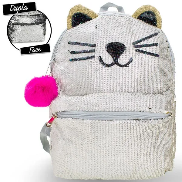 Mochila Feminina Paetê Gato Clio Girls - CG2033 CINZA