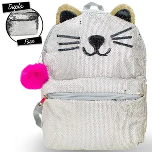 Mochila Feminina Paetê Gato Clio Girls - CG2033 CINZA
