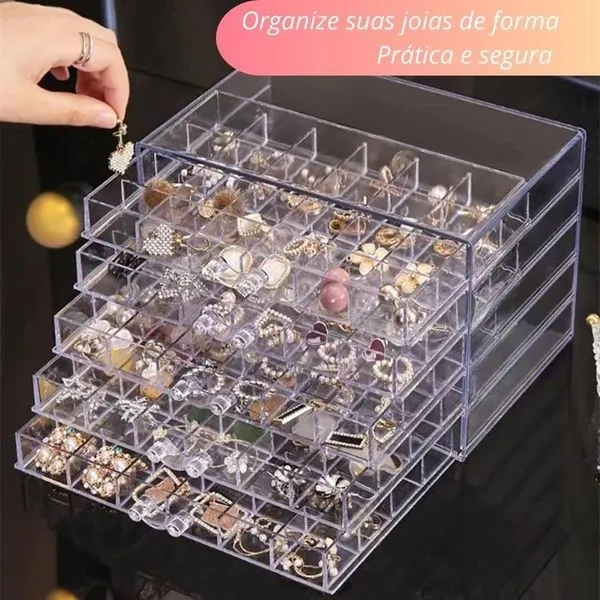 Organizador Porta Joias Acrílico com 5 Gavetas e 120 Compartimentos para Bijuterias Transparente Organizador Porta Joias Acrílico com Gavetas e Divisórias para Acessórios Transparente