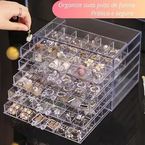 Organizador Porta Joias Acrílico com 5 Gavetas e 120 Compartimentos para Bijuterias Transparente Organizador Porta Joias Acrílico com Gavetas e Divisórias para Acessórios Transparente