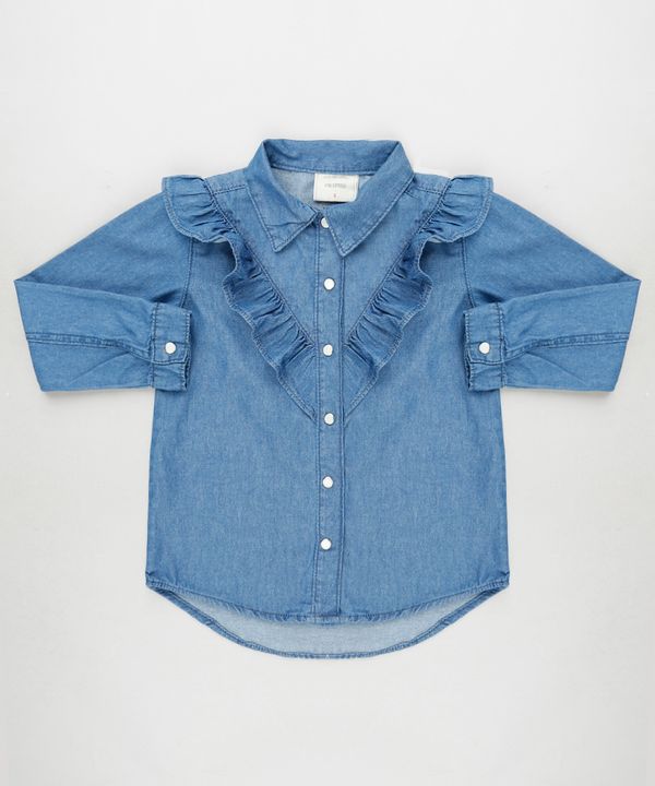 Camisa Jeans Infantil com Babados Manga Longa Azul Médio 12