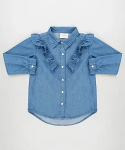 Camisa Jeans Infantil com Babados Manga Longa Azul Médio 8