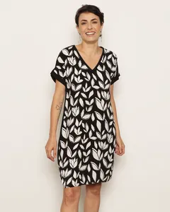 Vestido Feminino Curto Berry & Co. Viscose Estampa Preto G