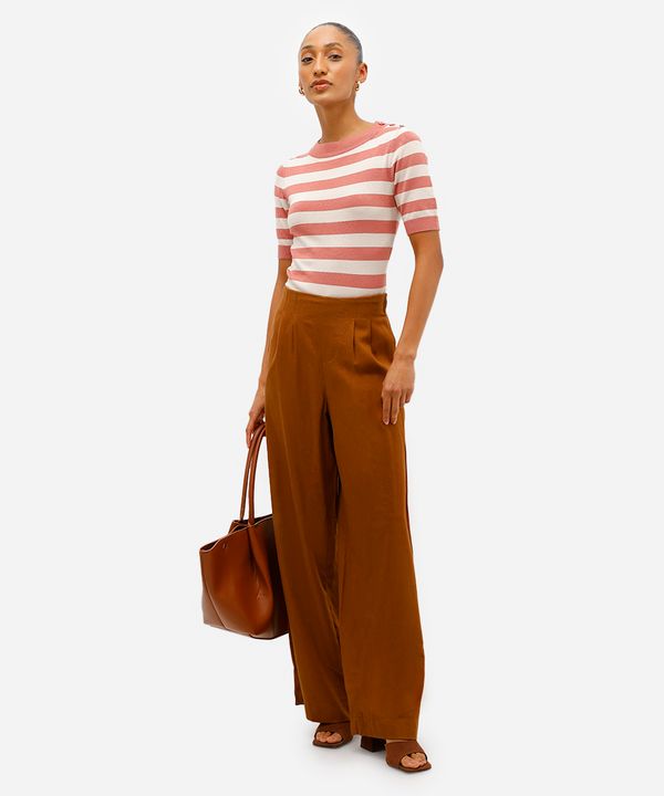 calça wide leg feminina com pences e linho marrom 42