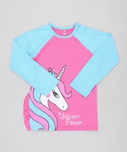 Blusa de Praia Infantil Unicórnio Raglan com Babado Manga Longa com Proteção UV50+ Pink 8