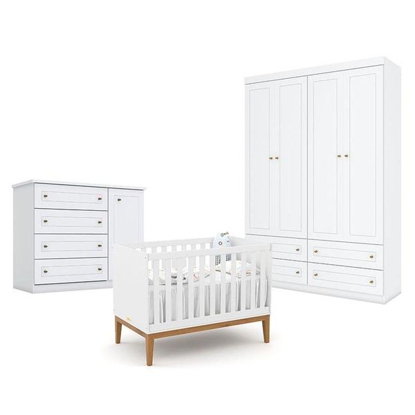 Quarto De Bebê Americano 4 Portas Com Berço Americano Unique Branco Soft Eco Wood - Matic - Henn