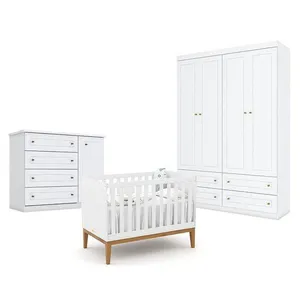 Quarto De Bebê Americano 4 Portas Com Berço Americano Unique Branco Soft Eco Wood - Matic - Henn