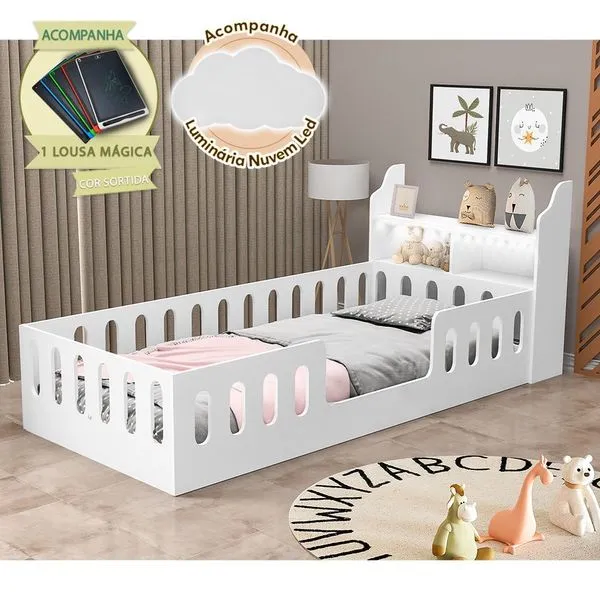 Cama Infantil Helo Solteiro com Nicho LED Lousa Mágica e Luminária Nuvem MDF Branco Hêlo Móveis Cama Infantil Helo Solteiro com Nicho LED e Lousa Mágica MDF Branco Hêlo Móveis