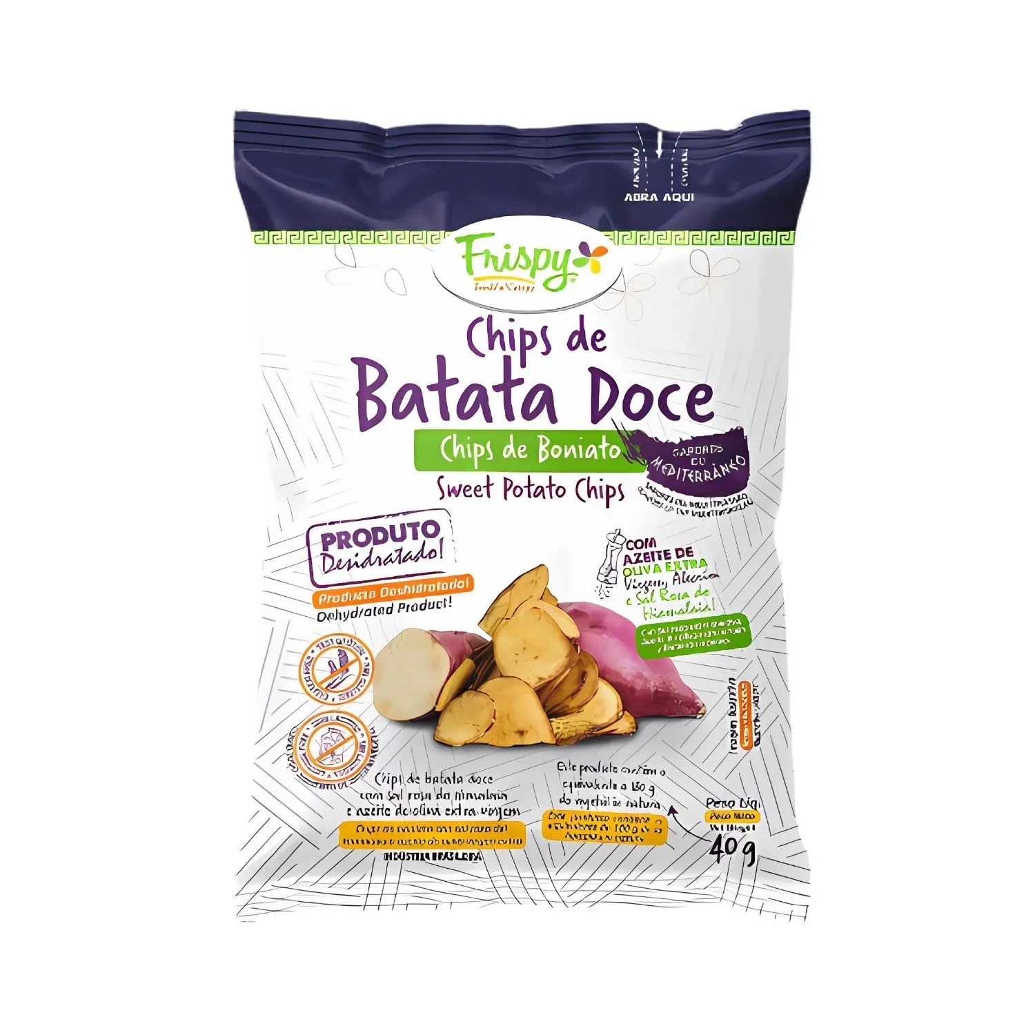 Chips de Batata Doce Com Azeite, Alecrim e Sal Rosa - Mediterrâneo Vegano, Sem Glúten Frispy contendo 3 pacotes de 40g c