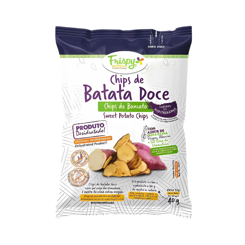 Chips de Batata Doce Com Azeite, Alecrim e Sal Rosa - Mediterrâneo Vegano, Sem Glúten Frispy contendo 3 pacotes de 40g c
