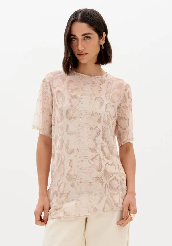 T-shirt Oversized Em Tule Estampado Bege G