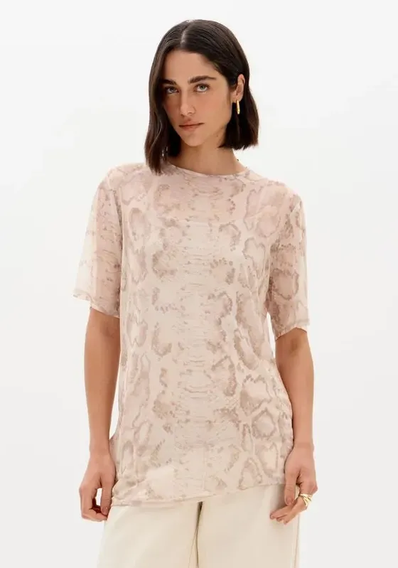 T-shirt Oversized Em Tule Estampado Bege G