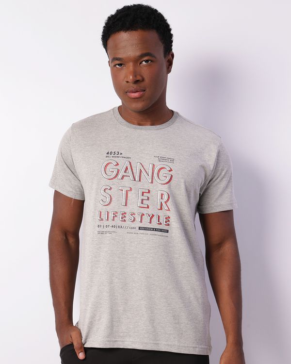 Camiseta Masculina Gangster Estampa Frontal Manga Curta Cinza GG