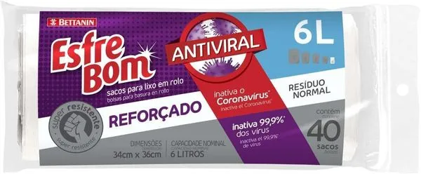 Saco Para Lixo Esfrebom Bettanin Antiviral Super Resistente Reforçado 6L Pacote com 40 Sacos