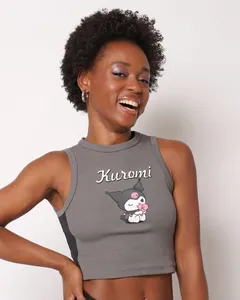 Regata Feminina Cropped Canelada Kuromi com Recorte Cinza M