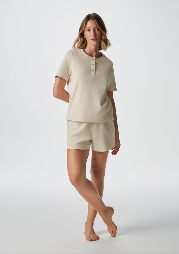 Pijama Curto Feminino Em Ribana - Creme G