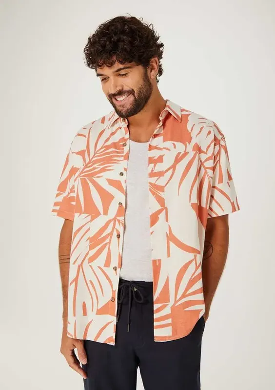 Camisa Masculina Manga Curta Estampada Em Linho - Laranja XXG