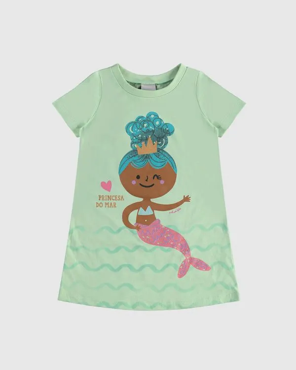 Vestido T-Shirt Infantil Princesa Do Mar Em Algodão Malwee Kids Verde - 6