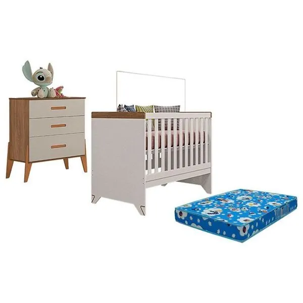 Conjunto Berço Americano Retro Maya com Cômoda Gaveteiro Emilly em MDF com Colchão Incluso Off White Berço Americano Retro Maya E Cômoda Gaveteiro Emilly Off White Carvalho Com Colchão Ortobom - Canaã