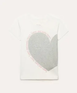 camiseta de algodão infantil coração com glitter off white 12