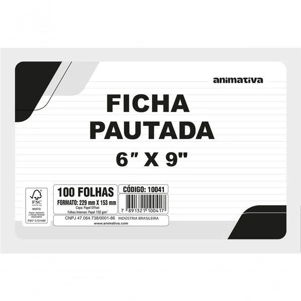 Ficha Pautada 6'' X 9'' Pacote 100 Folhas Papel 150g-m2 Certificação FSC para Anotações Branco Ficha Pautada 6'' X 9'' Pacote 100 Folhas Papel 150g-m2 para Estudos e Organização Branco