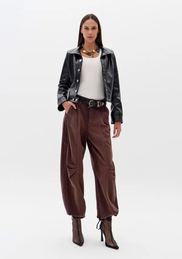 Calça Baggy Sarja Com Bolsos Marrom 40