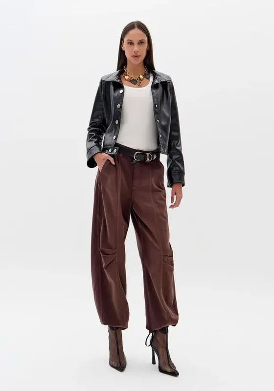 Calça Baggy Sarja Com Bolsos Marrom 40