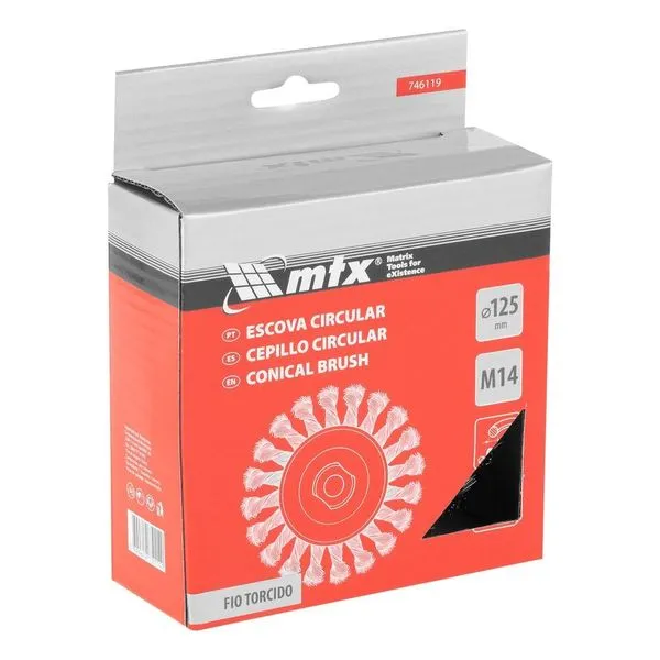 Escova Circular de Aço Carbono 125mm Rosca M14 para Remoção de Ferrugem Tintas e Vernizes Vermelho MTX Escova Circular de Aço Carbono 125mm Rosca M14 para Limpeza de Superfícies Metálicas Vermelho MTX